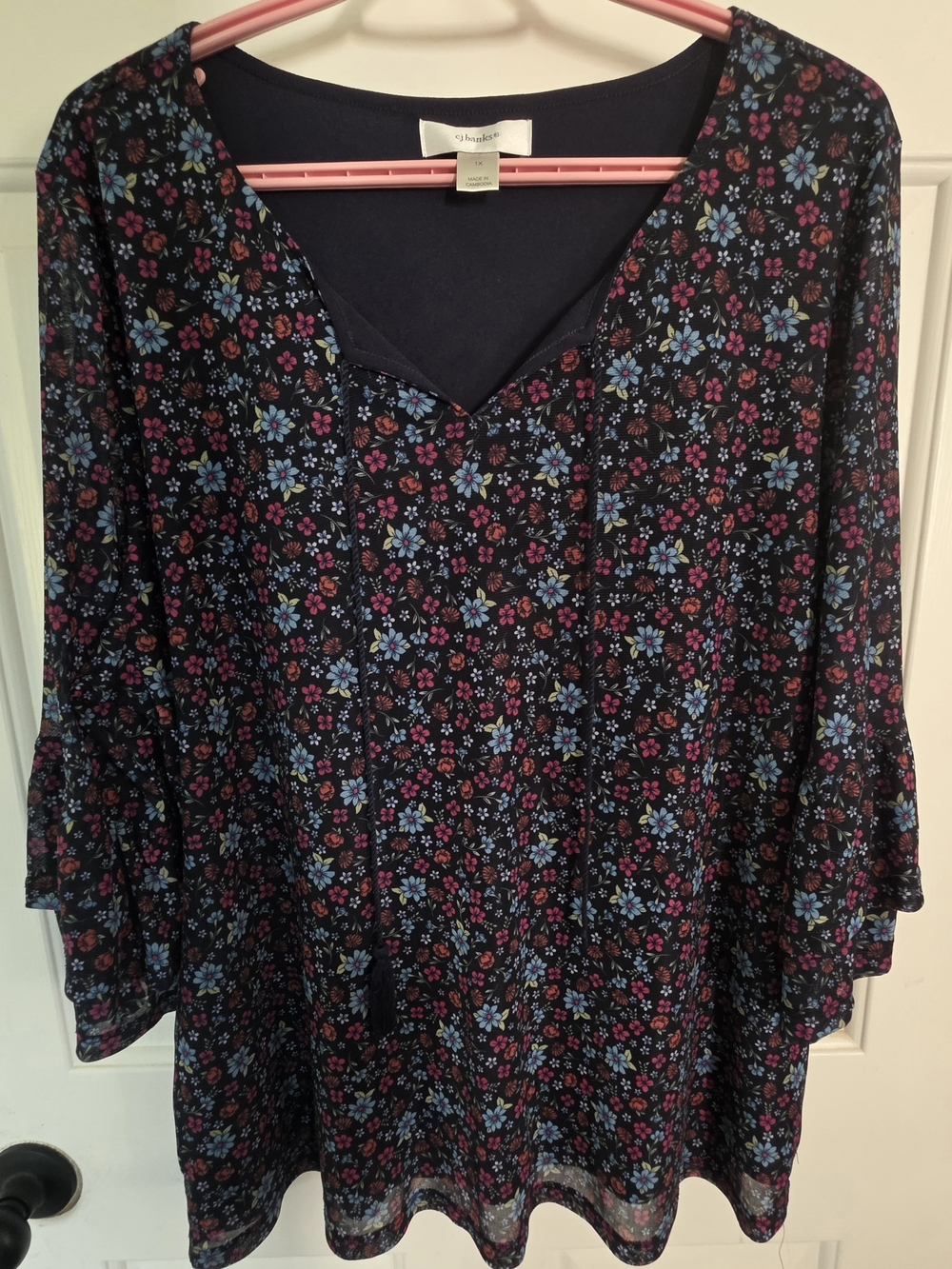 CJ Banks Navy Floral V-Neck Tunic with Pink & Blue Flowers
